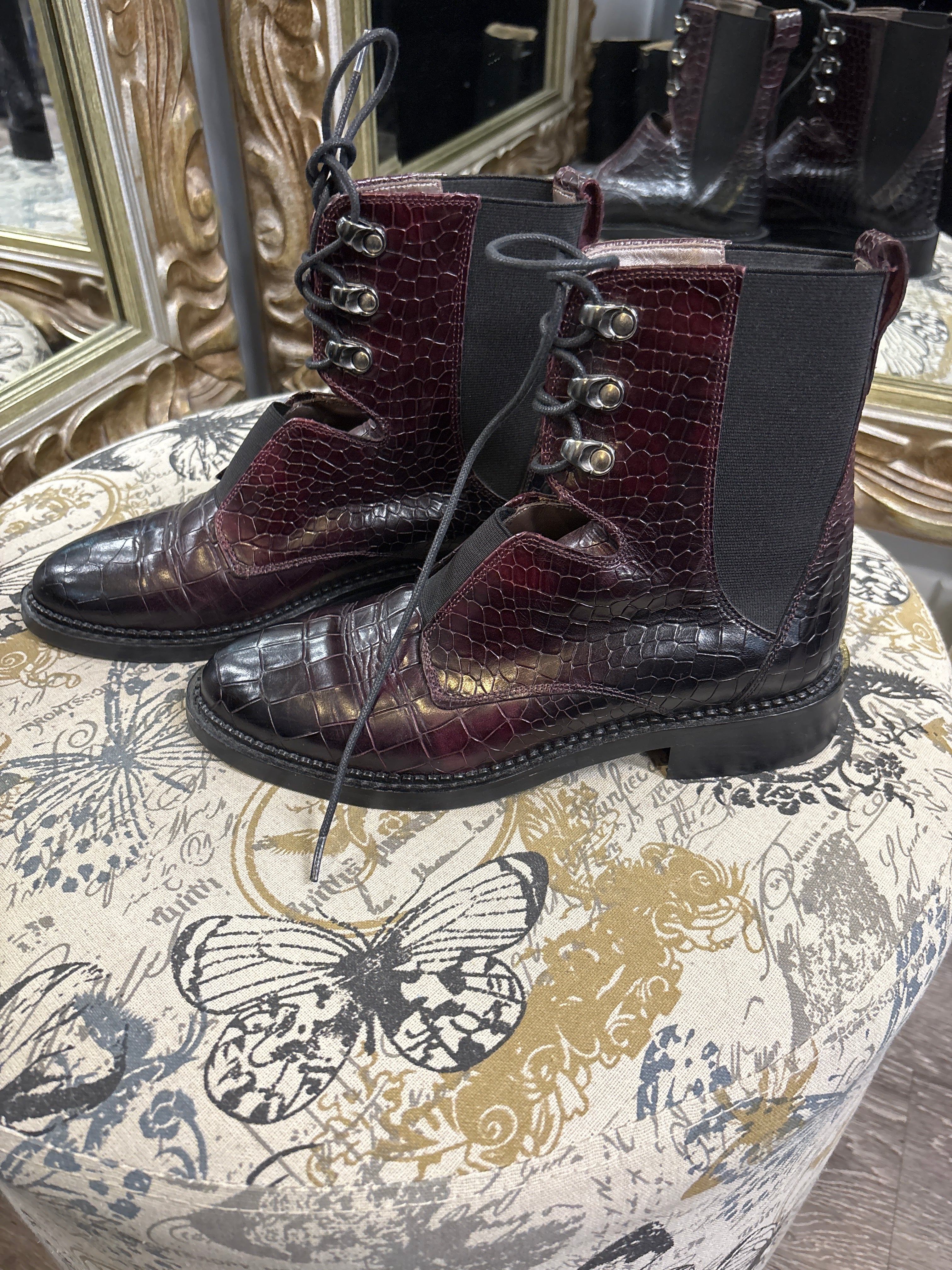 Pertini Croc Leather Combat Boots - Size 37