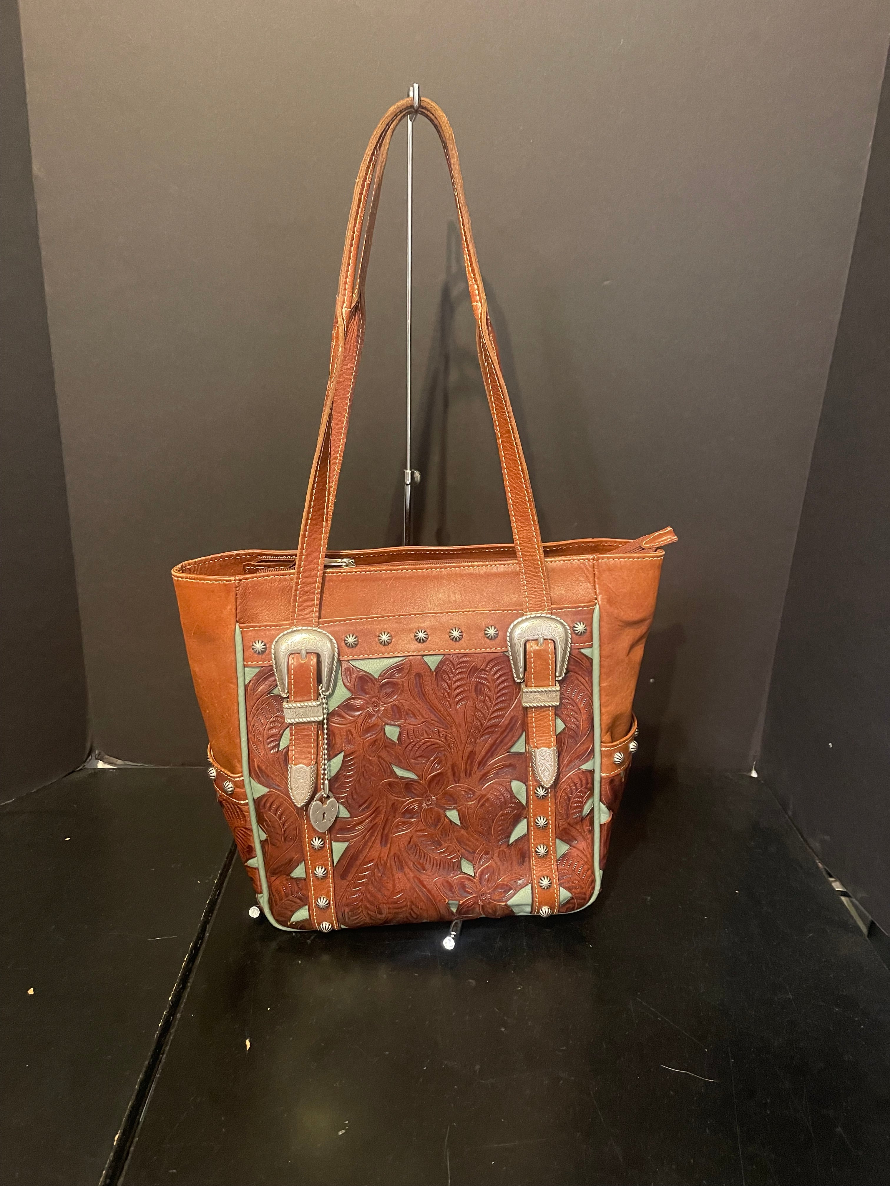 American West Carved Leather Tote Handbag