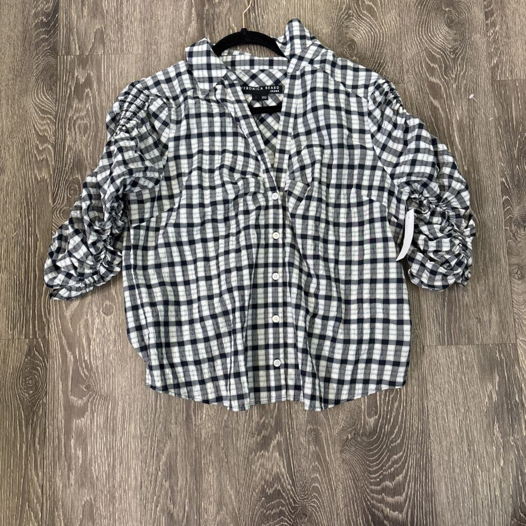Veronica Beard Check Scrunch Shoulder TOPS L