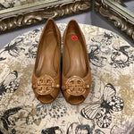 Load image into Gallery viewer, Tory Burch Wedge Peep Toe Heels Logo SHOES 7.5
