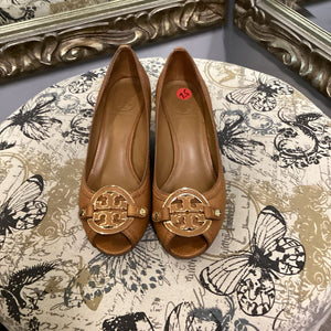 Tory Burch Wedge Peep Toe Heels Logo SHOES 7.5