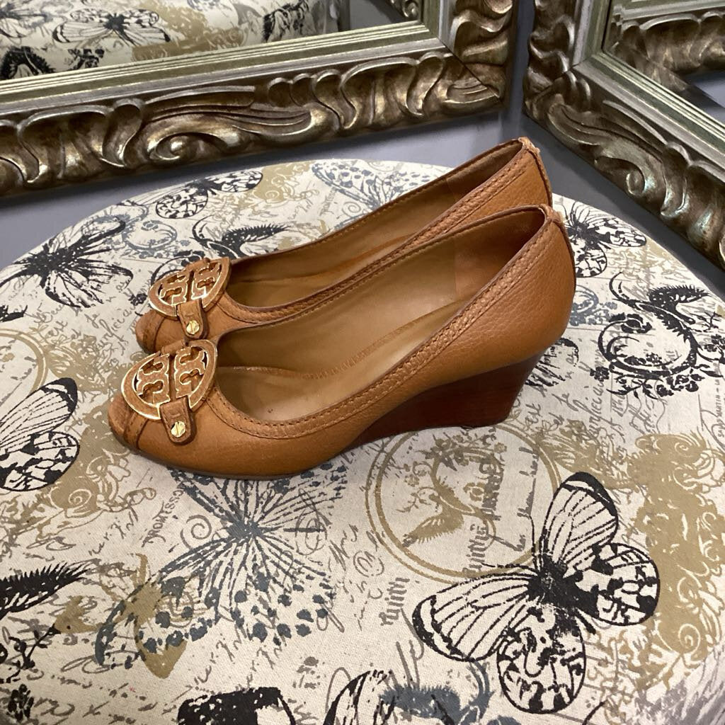 Tory Burch Wedge Peep Toe Heels Logo SHOES 7.5