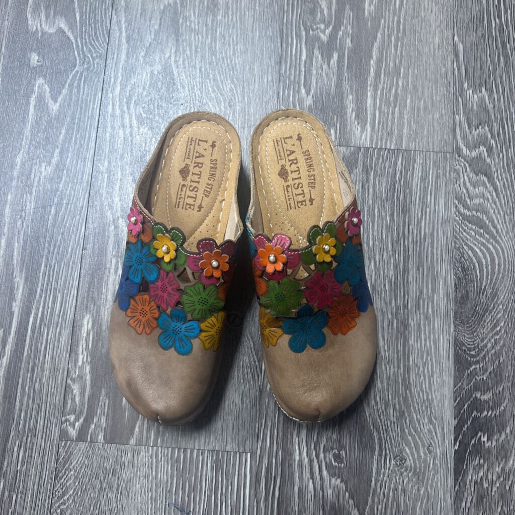 L'artiste NEW Floral Leather Clogs SHOES 36