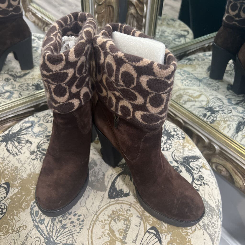 Coach Monogram Cuff Suede w Heels BOOTIES 8.5