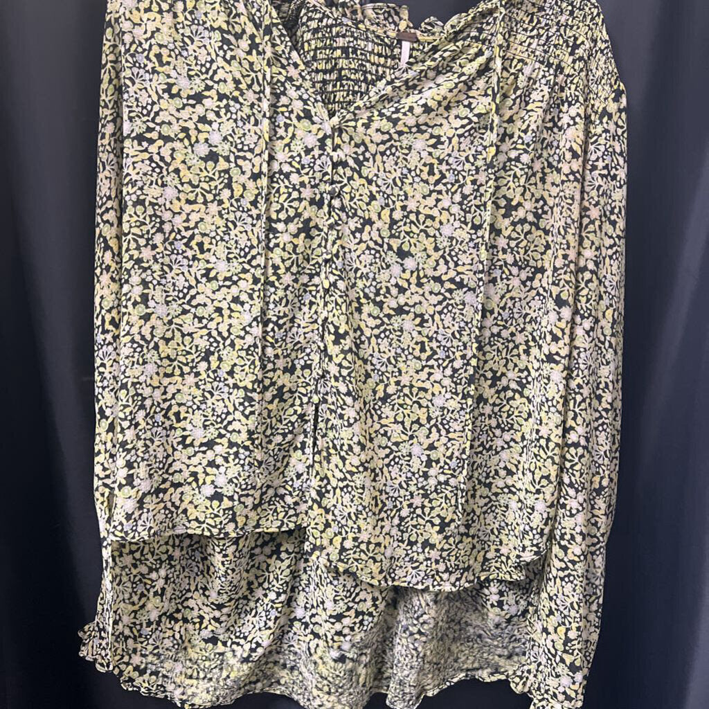 Free People Floral Print LS Tie Neck TOPS L
