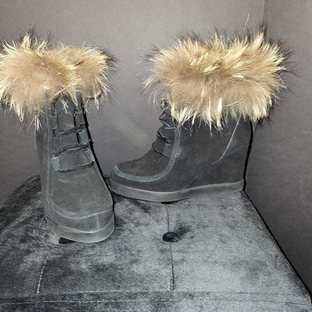 Barneys NY Suede Wedge Fur Trim BOOTIES 7