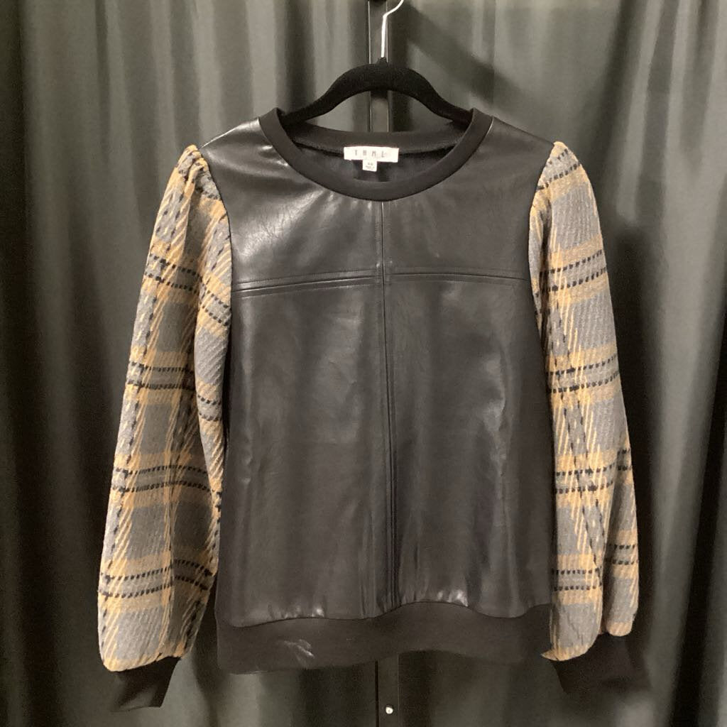 THML Faux Leather Plaid Knit Sleeves TOPS XS