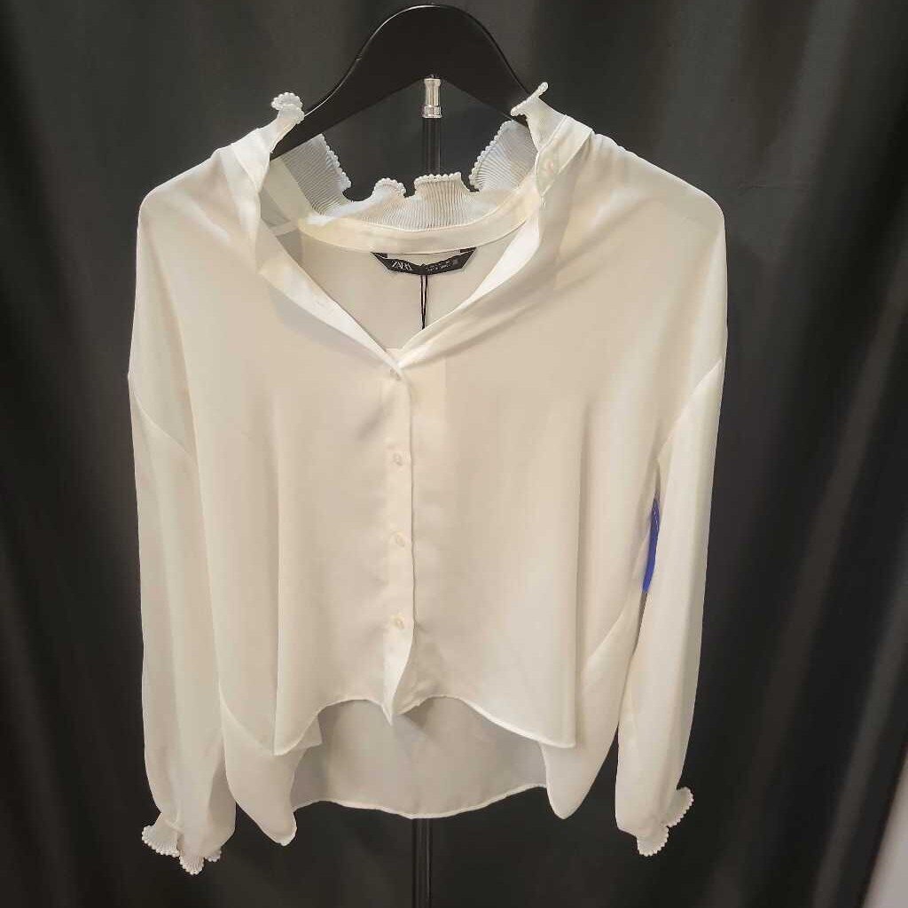 Zara NWT High Ruffle Neck Button Up TOPS L