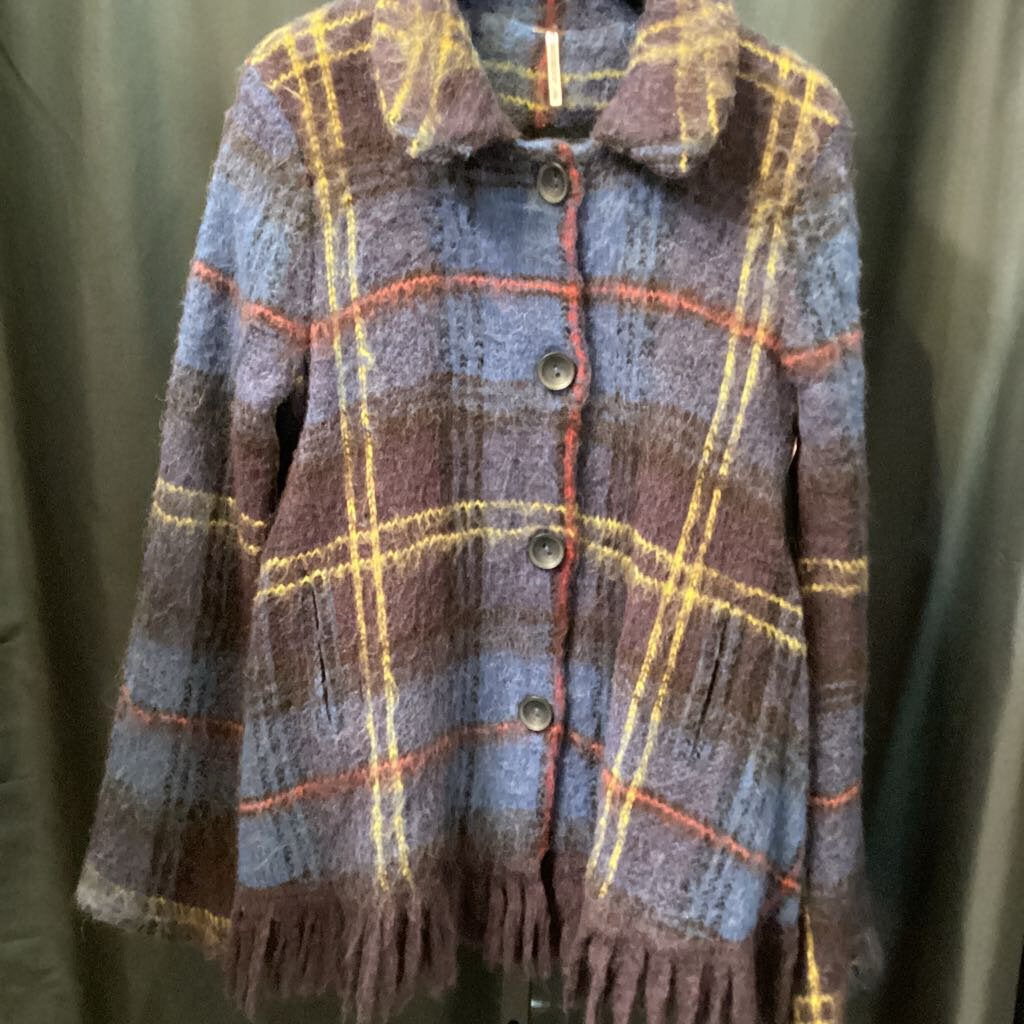 Free People Plaid Shacket w Fringe Detail SWEATERS M