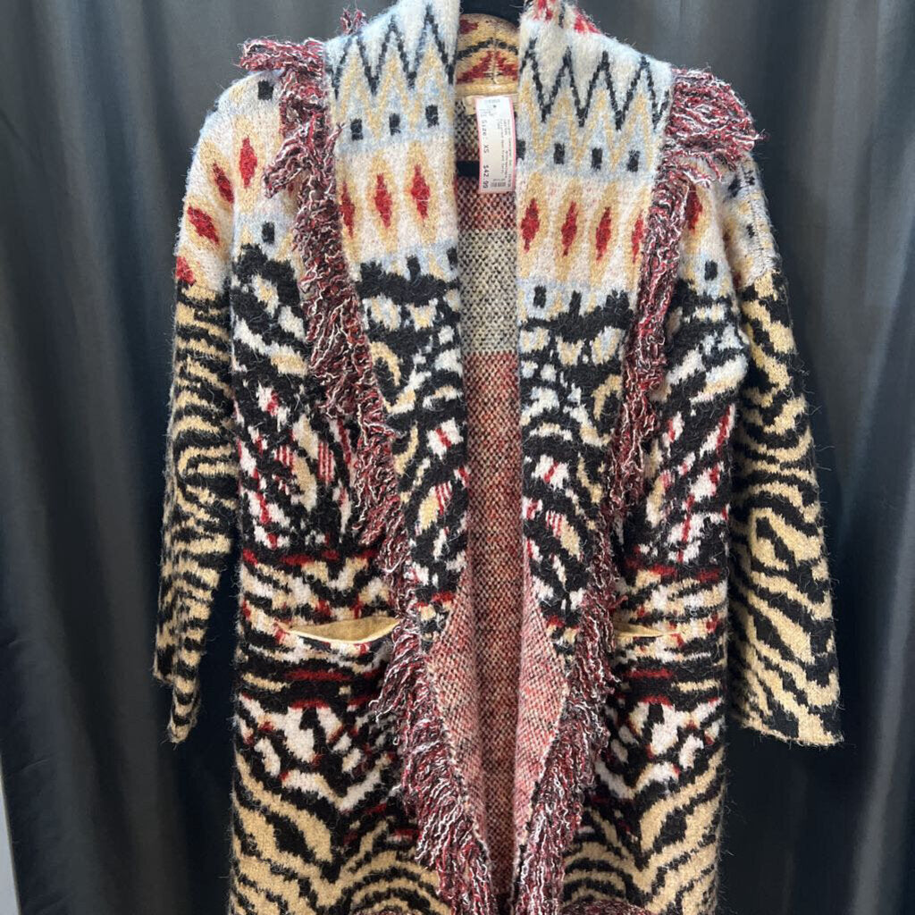 Anthropologie Patterned Open Front Cardi Fringe Detail SWEATERS XS